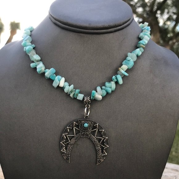 Southwestern Amazonite Gemstone Necklace Handmade Squash Blossom Silver Beaded - Picture 13 of 15